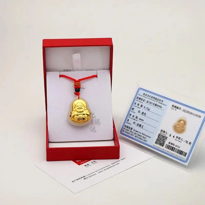 

brand Certified Real 999 Solid Pure Yellow Gold 24K Buddha Pendant Jade Natural Rope Chain Necklace for Men Women Jewelry Gifts