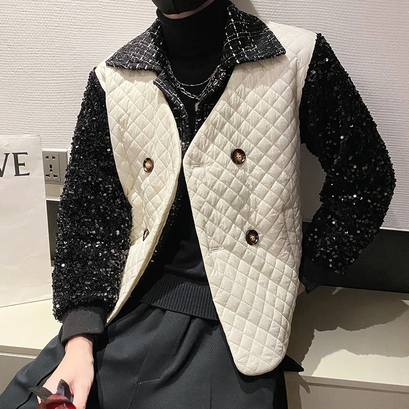 

2024 Spring Sequin Decoration Fake Two-piece Jacket for Men Loose Casual Social Streetwear Coat Double Breasted Buckle Jackets