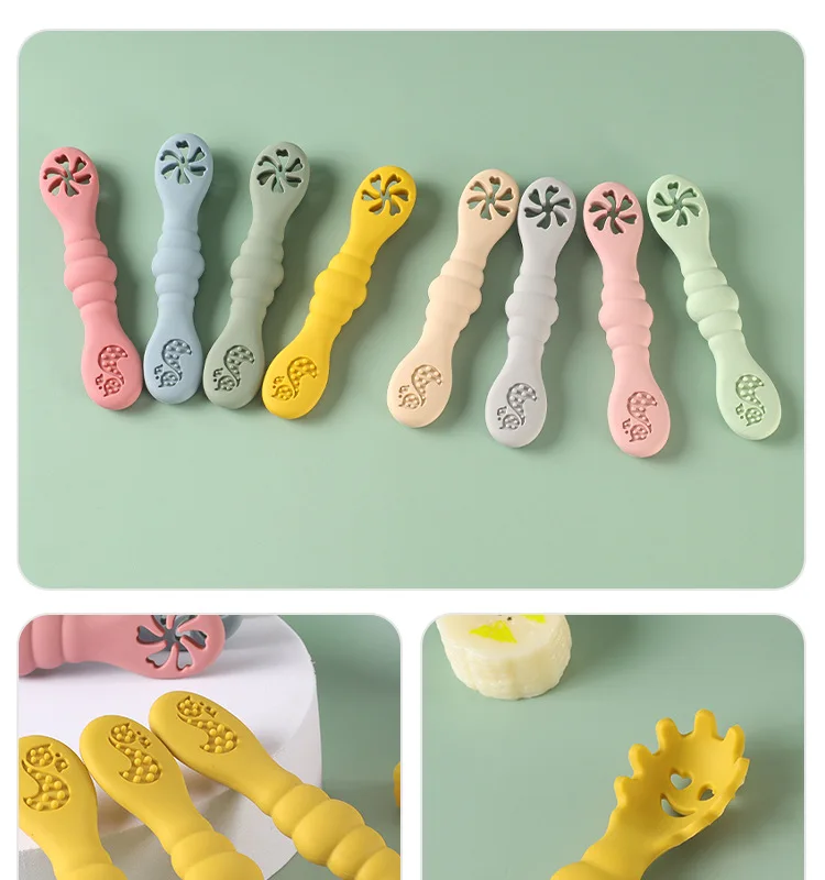 Description Picture 6 of item3PCS Kawaii Baby Learning Spoons Utensils Set Toddler Feeding Tableware Baby Silicone Teether Toys Training Cutlery Baby Stuff