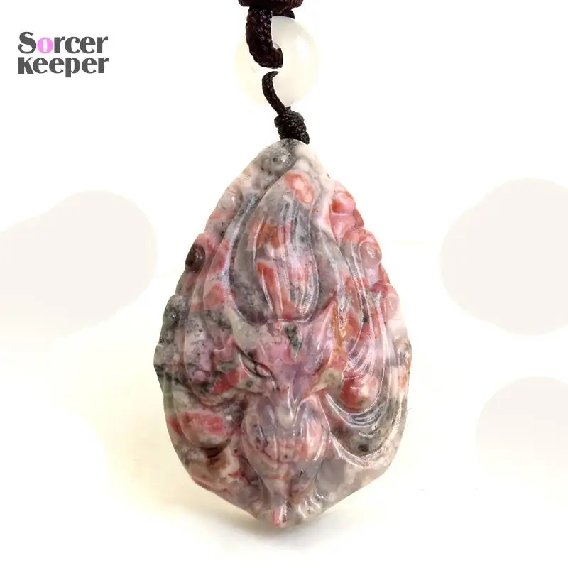 

Hand Carved Fox Natural Red Rhodonite Jasper Stone Pendant Crystal Beads For Men Women Necklace Jewelry Anime Figurine BO742