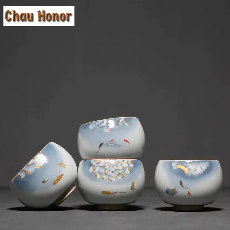 90ml Chinese Ru Kiln Ceramic Teacup Travel Meditation Cup Hand Painted Tea Bowl Kung Fu Teaset  Master Cup Home Tea Set Gift Box