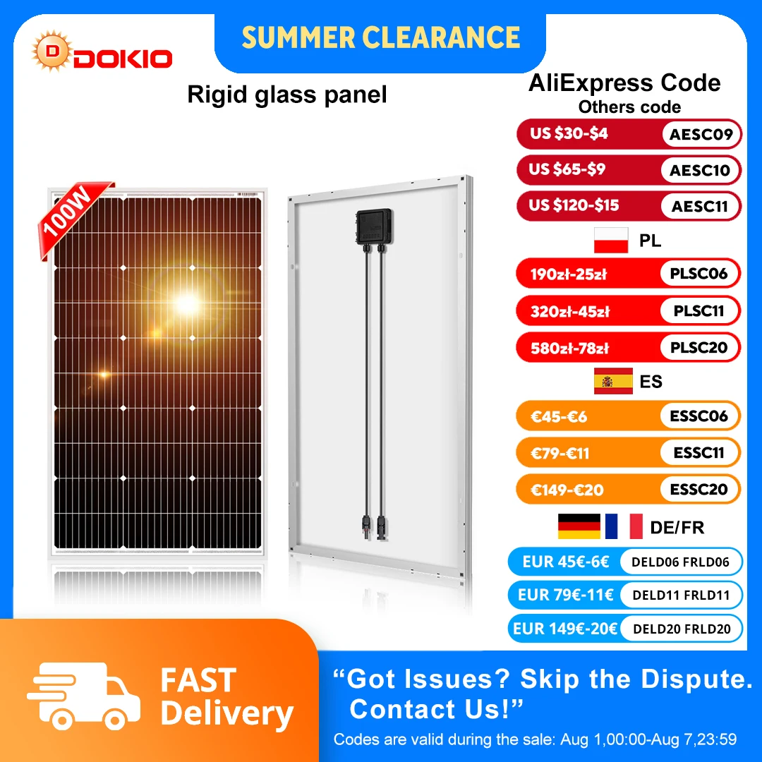 DOKIO 18V 100W Rigid Solar Panel China 18V Monocrystalline Silicon Waterproof Solar Panel Charging 12V #DSP-100M Camping/Home/RV