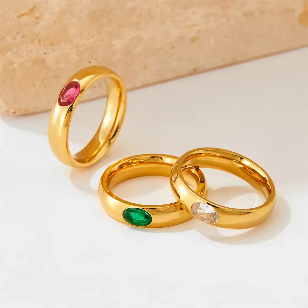 Retro Polished Stainless Steel Multicolour Crystal Oval Zircon Wedding Rings for Women 18K Gold Plated Thick Simple Knuckle Ring