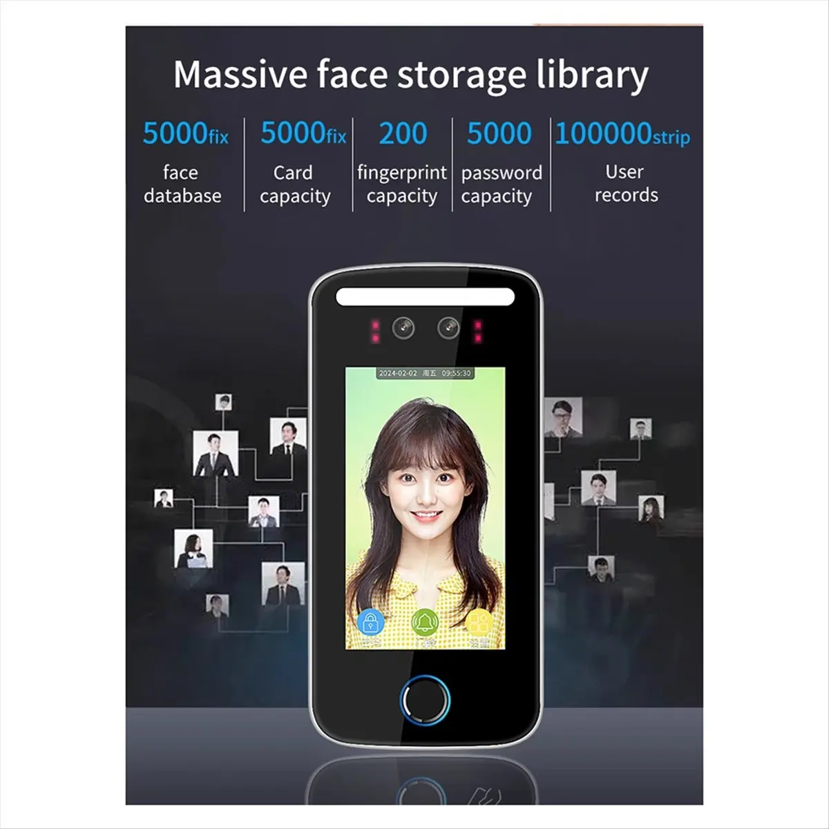 T69C Tuya Wifi AI 동적 얼굴 인식 리더 출석 단말기 5000face TCP IP 5인치 화면 125KHz IP54 방수(B)