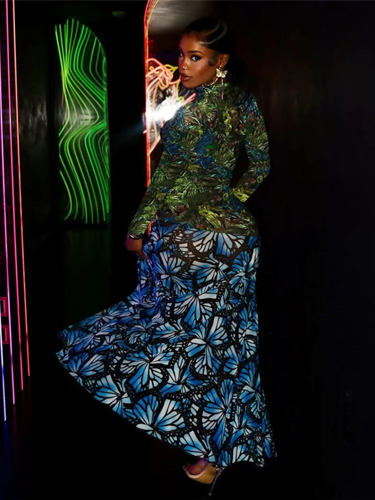 Nibber Colorful Print Dress Women Sexy See Through Hollow Full Sleeve Stretch Turtleneck Midnight Prom Party Club Long Bodycon