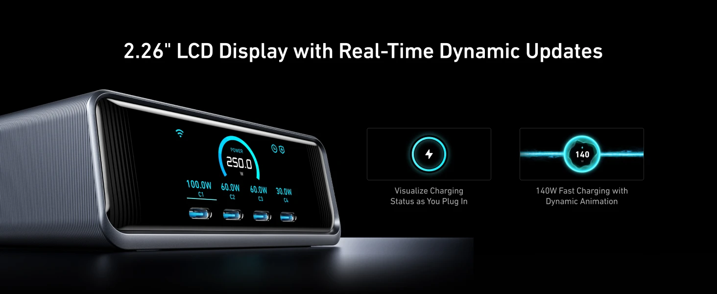 Anker Prime 250W GaN USB-C Charging Station Ultra-Fast 6-Port with LCD Display & Smart Control (A2345)