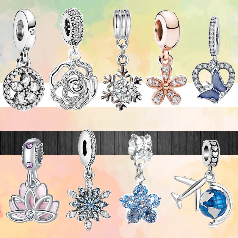 

2022 New Airplane Earth Flowers Butterfly Beads Snowflake Pendants Fit Original Pandora Charms Silver Color Bracelet DIY Jewelry