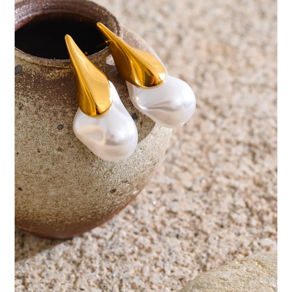 Yhpup Simulated Pearl Earrings 18K Gold Plated Stainless Steel