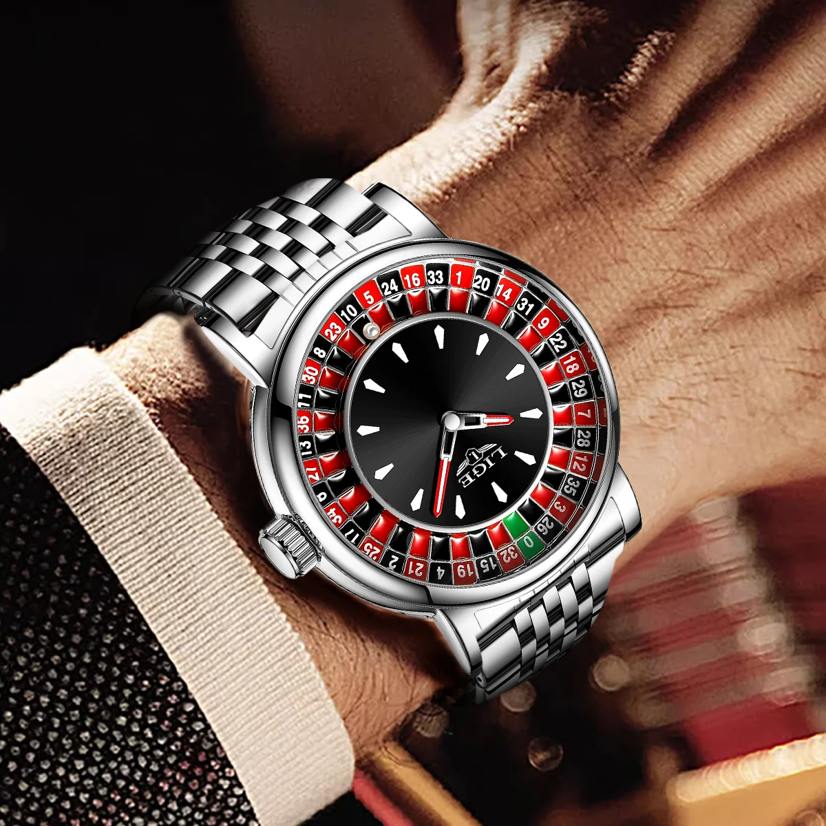 LIGE Men's Fashion Watch with Rotating Dial and Las Vegas Roulette Theme, Waterproof and Luminous