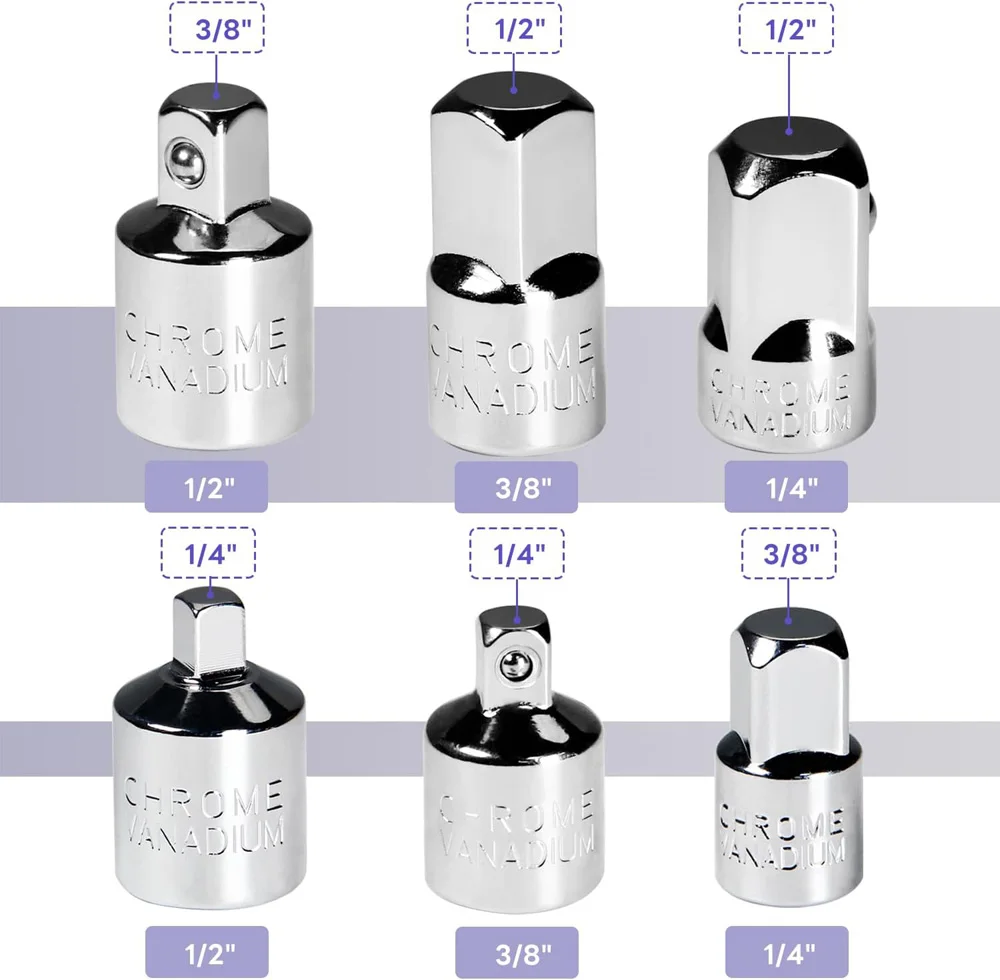 6 Pcs Socket Adapter Set 1/4" 3/8" 1/2" Chrome Vanadium Steel Ratchet/Socket Extension/Conversion Kit for Automotive