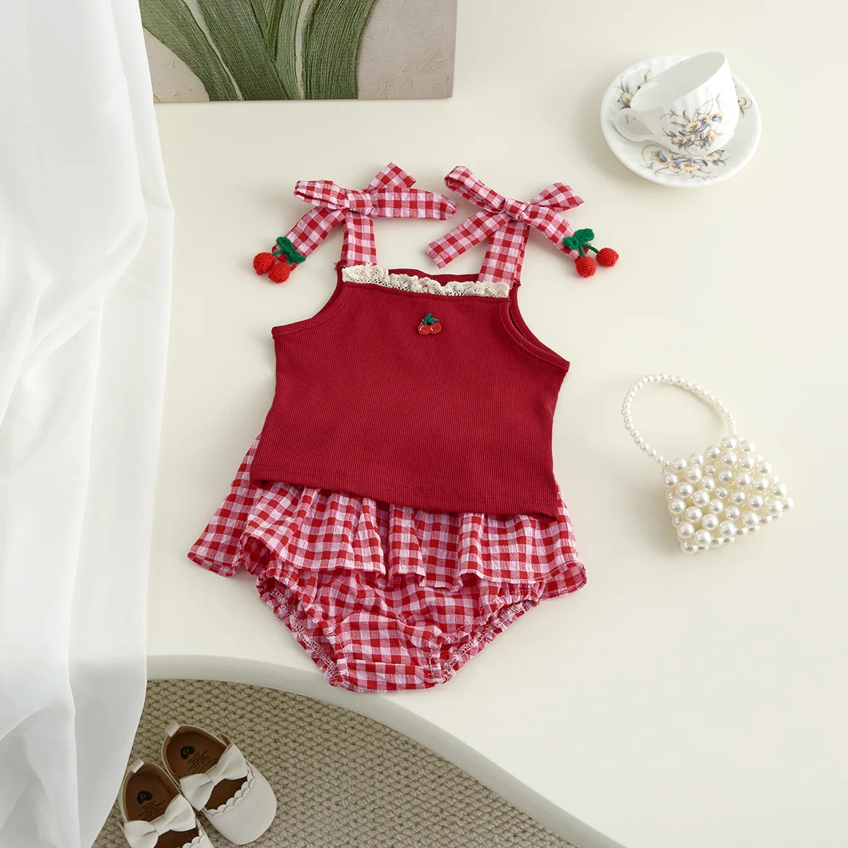 Cotton Summer Baby Girls Cherry Tee and Plaid Bloomers Set