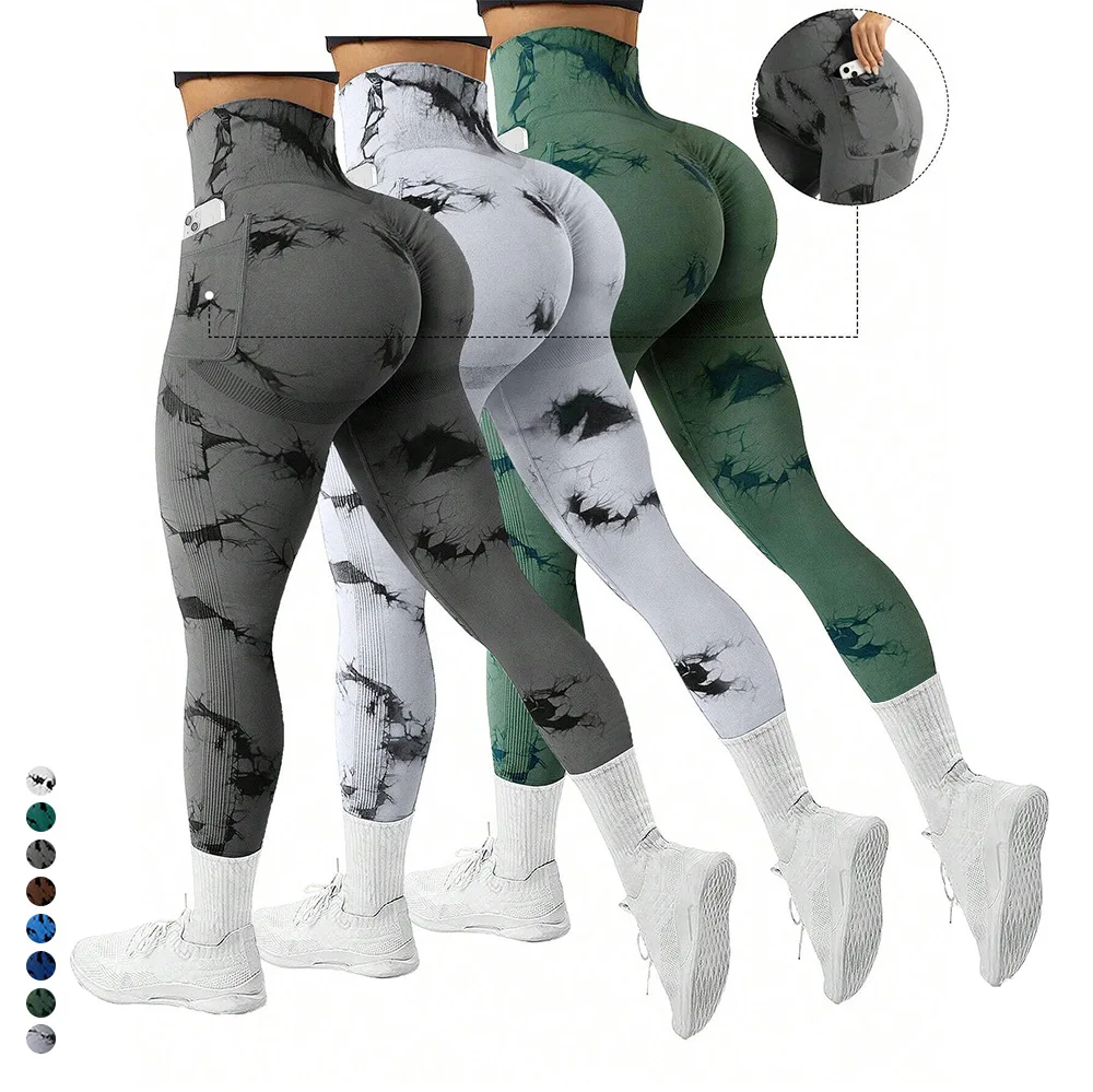 Women Seamless Tie-dye Yoga Pants Women's High-waist Push Up Abdomen Peach Hip Fitness Pants Stretch Sports Workout Leggings
