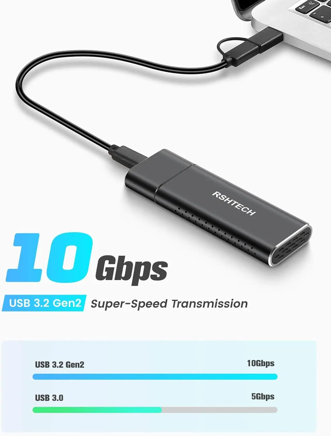 RSHTECH M.2 NVMe SSD Enclosure 10Gbps NVMe SATA SSD Caddy for B+M Key M.2 SSDs Aluminum USB 3.2 Gen2 External Enclosures