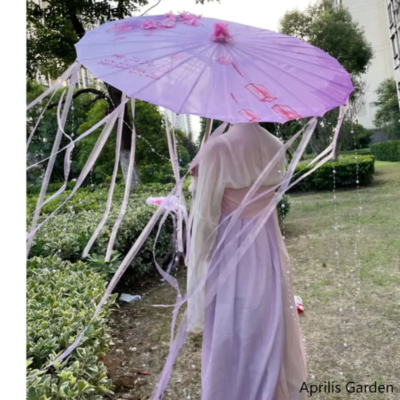 82cm Hanfu Oiled Paper Umbrella Rain Women Photography Prop Rain proof Ribbon Antique Tassels Umbrella Fan Paraguas Parasol Paper Umbrella