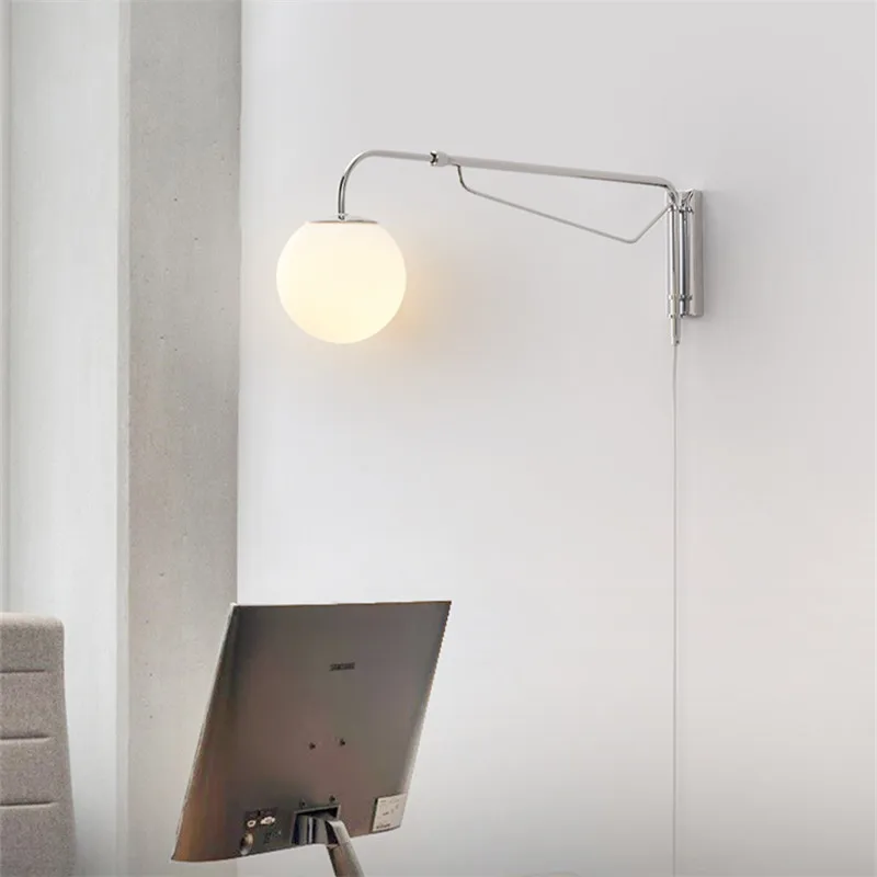 Bellman Plug In Wall Lamp LED Rocker Arm glass ball light for reading simple Living Room sofa Retractable Bedroom Bedside lamp 4
