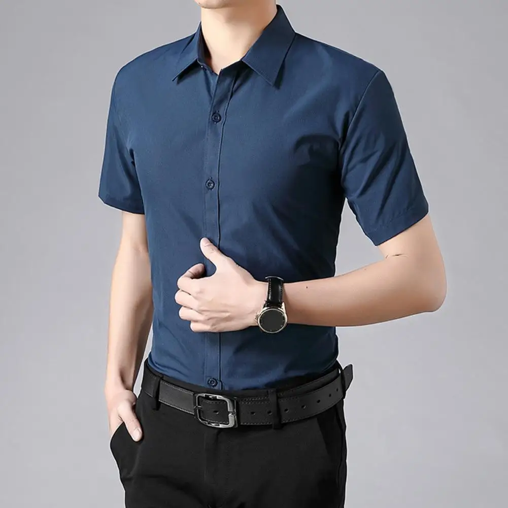 

Men Short-sleeved Business Shirt Meeting Shirt Stylish Men's Slim Fit Cardigan Shirt for Business Office Casual Wear Solid Color