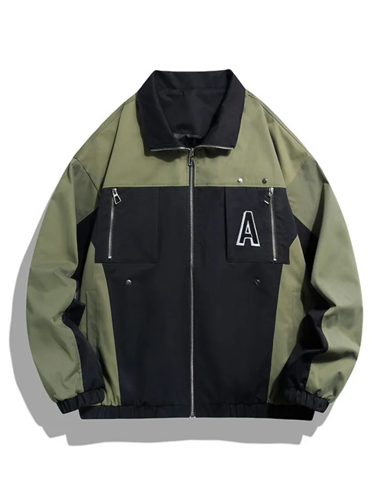 

Men Embroidery Cargo Jacket Spring Autumn High Street Unisex Jackets Hip Hop Oversized Color Block Casual Patchwork Coat