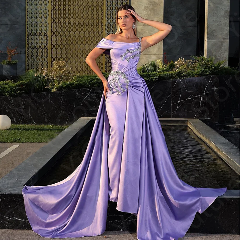 

Hot Sale 2023 Prom Gowns Light Purple Evening Dress Off Shoulder Beaded Birthday Party Court Train Robe de Soiree On