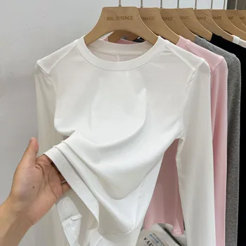 AOSSVIAO 2025 خريف جديد جودة عالية عادية س الرقبة تي شيرت مثير سليم طويل الأكمام موضة الاتجاه الصلبة النساء الملابس Y2k القمم 3
