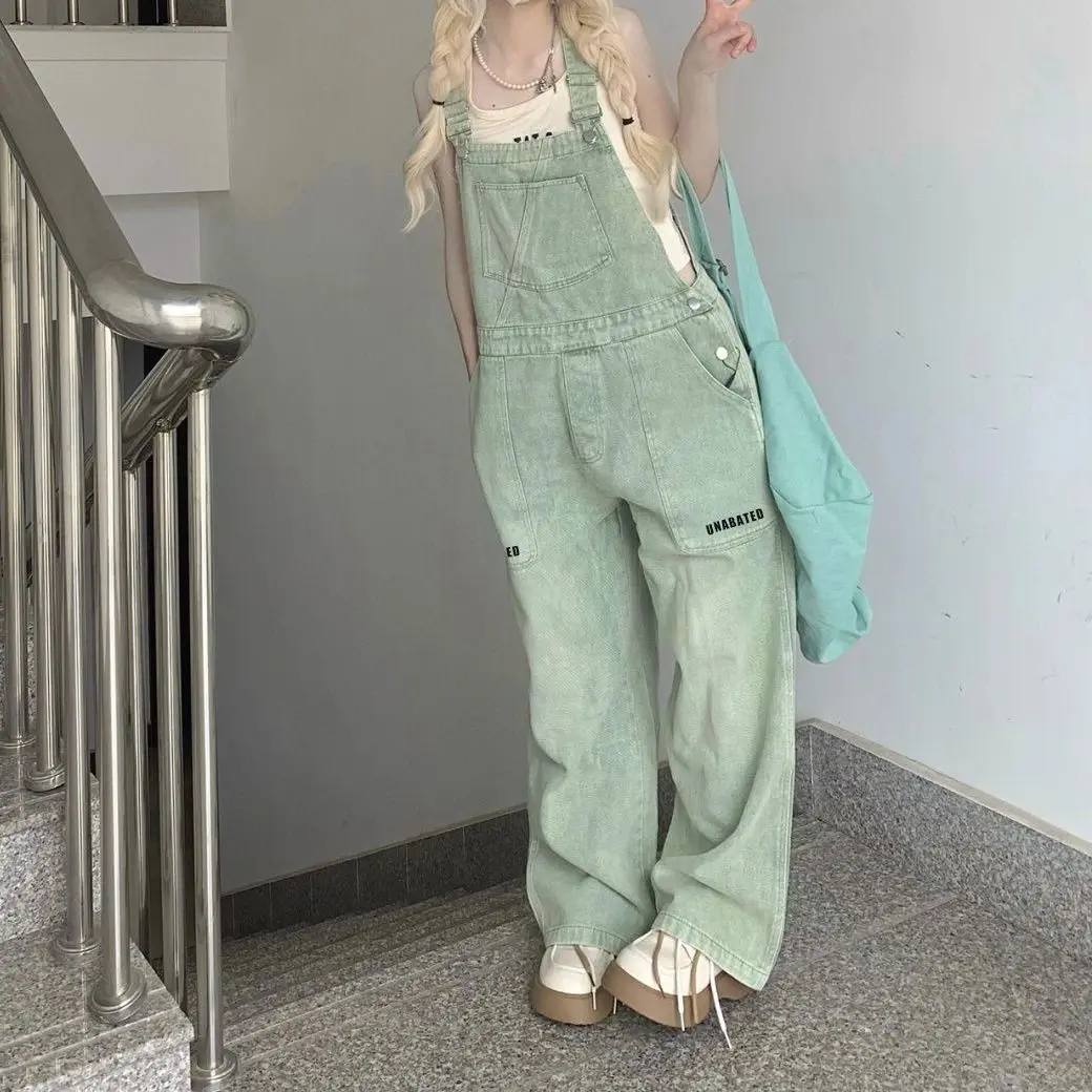 Chic Light Green Dnim Pants for Women Overalls Spring Autumn High Waist Straight Loose Jeans Female Jumpsuit Streetwear