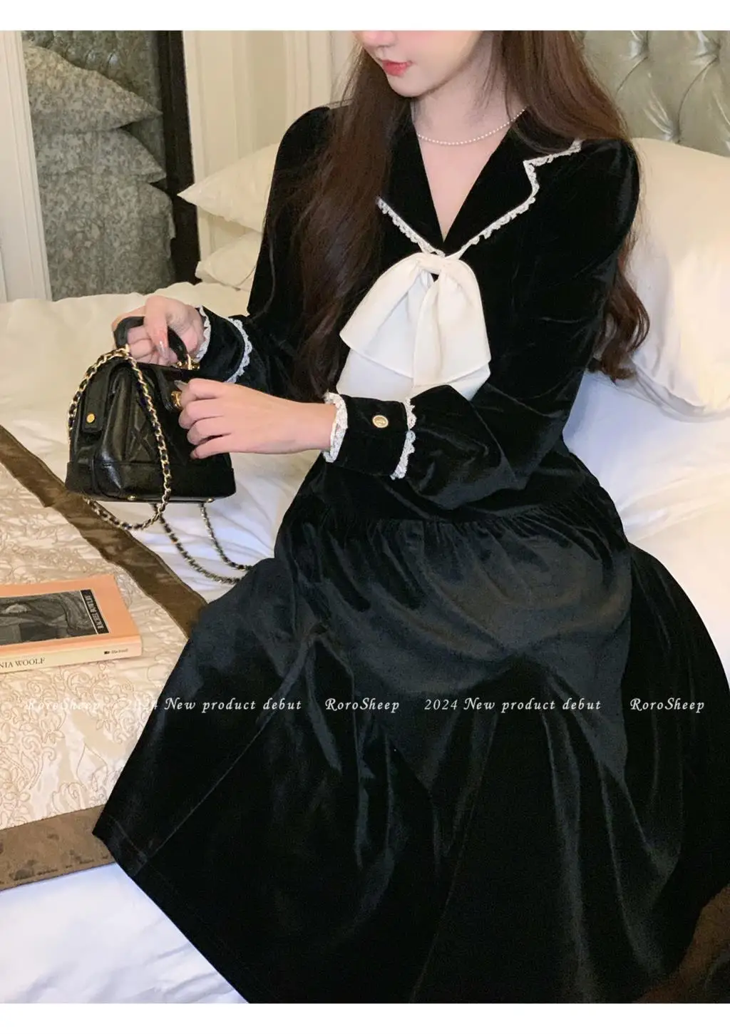 Elegant Vintage Lapel Midi Dresses for Women Bow Long Sleeve Birthday Party Dress A-line Autumn New Korean Fashion Vestido Mujer