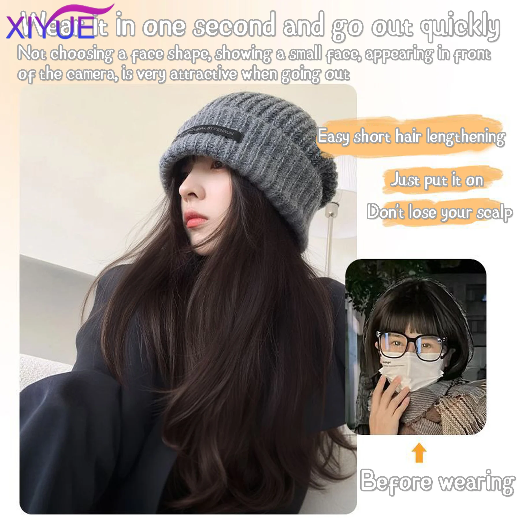 Blonde Unicorn Hat wigs Cap with Hair Hat Wig Brown Body Wavy Wig Connect Synthetic Hair Women Daily Party High Temperature