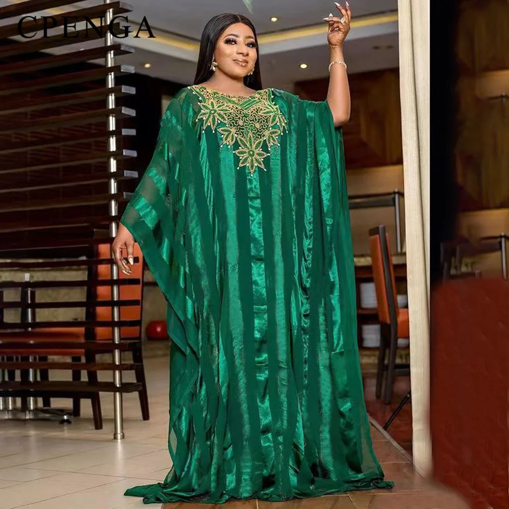 

2023 Luxury Green Embroidery African Maxi Dress for Women Elegant Lady Wedding Evening Party Dresses Eid Muslim Kaftan Robe