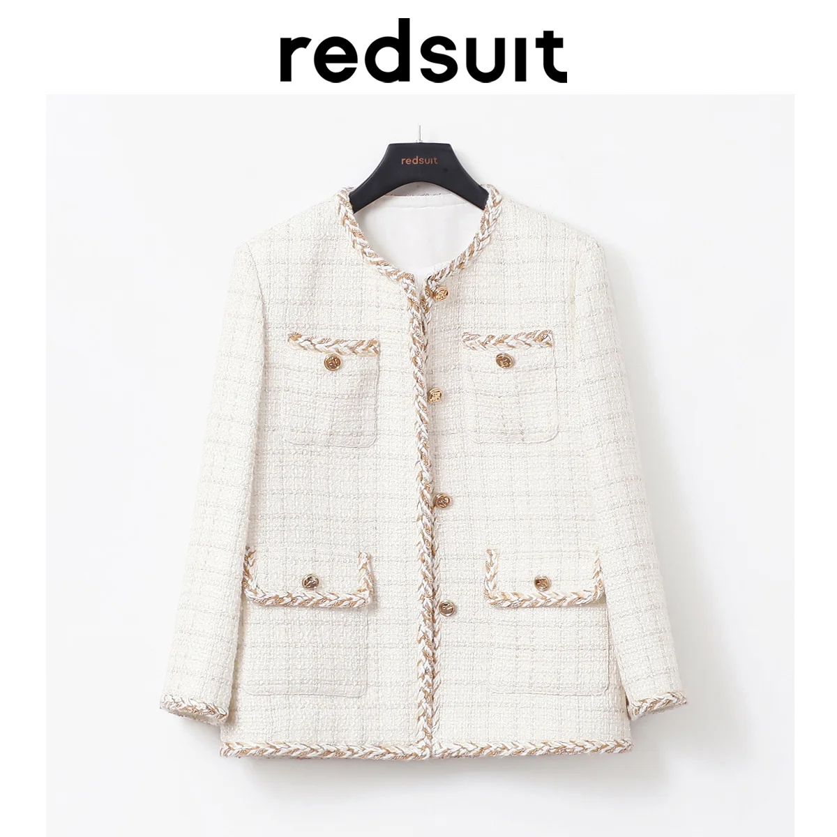 

High End Celebrity Atmosphere Heavy Industry Gold Silk Thick Tweed Small Fragrant Coat Off White Top