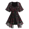 ROSEGAL Plus Size 2-in-1 Blouse Floral Leaf Print Twist PU Strap Buckle Grommet Detail Casual Elegant Women's Top