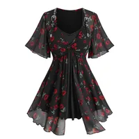 ROSEGAL Plus Size 2-in-1 Blouse Floral Leaf Print Twist PU Strap Buckle Grommet Detail Casual Elegant Women's Top