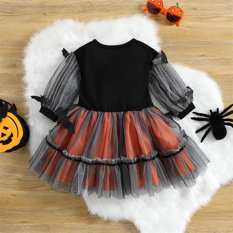 Cute Toddler Girl s Halloween Costume Long Sleeve Dress with Spooky Bat Print and Mesh Yarn Detail A-line Dress