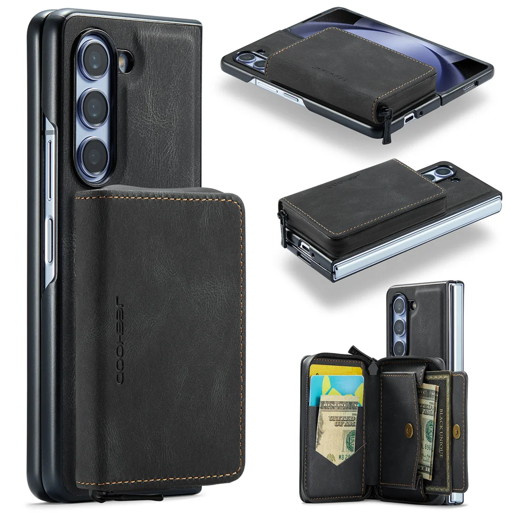 

JEEHOOD Luxury Detachable Zipper Purse Wallet Case for Samsung Galaxy Z Fold 5 Magnetic Leather Card Bag Business Folding Cover