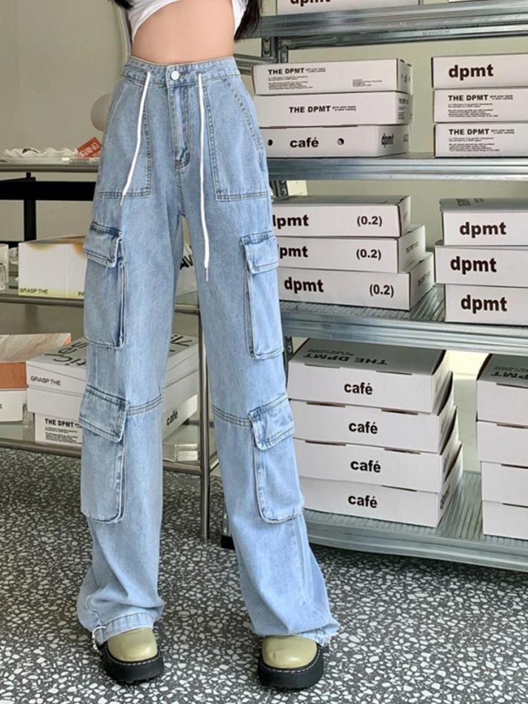 

Kalevest Y2K Cargo Jeans Sky Blue Acubi Fashion Women Pants Sexy Denim High Waist Pants Korean Style Lace Up Pockets Pantalones