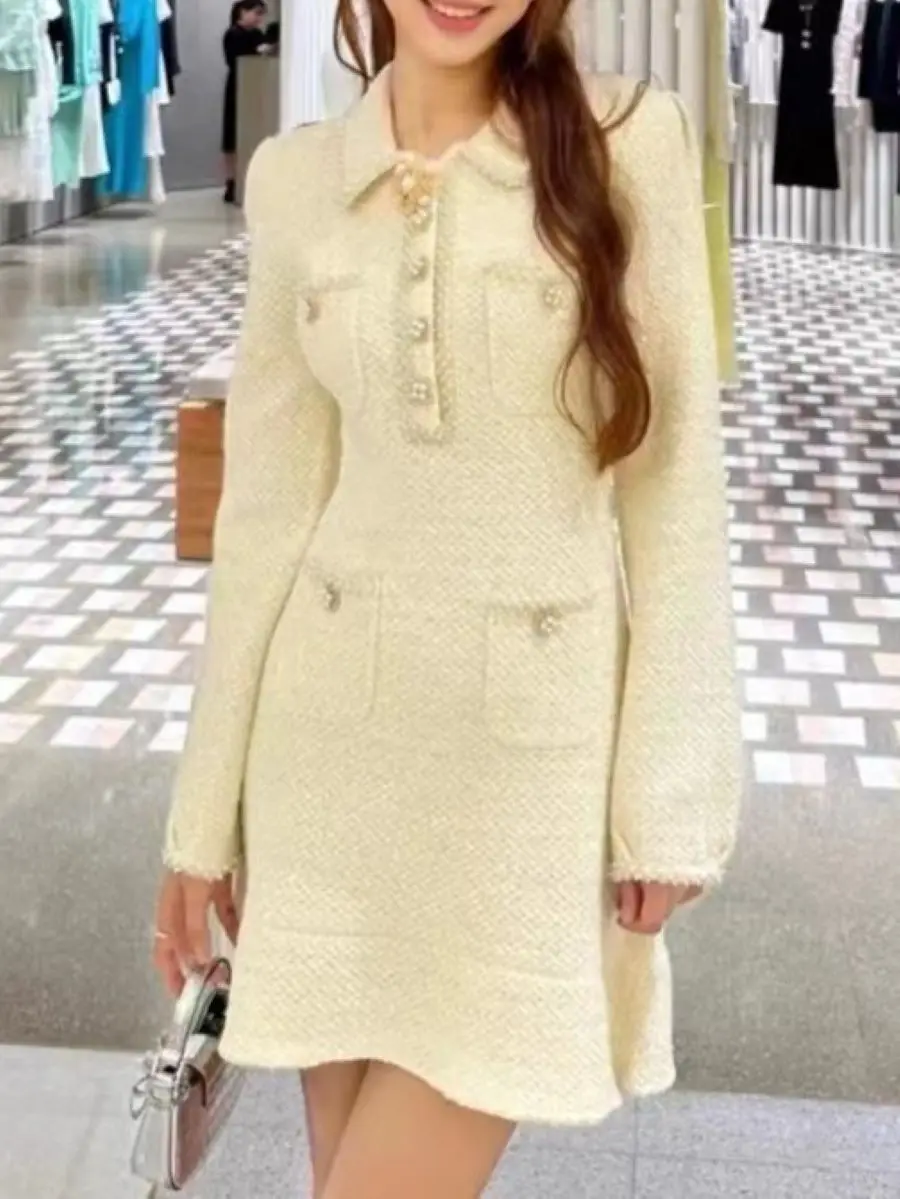 

Women Tweed Long Sleeve Single Breasted Turn Down Collar Elegant Autumn Winter 2023 Mini Dress
