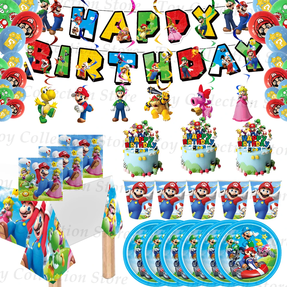 Marioed Bros Boy Favors Party Supplies Children's Birthday Party Decoration And Table Accessories Plate Banner Festivel Toy Gift 140 pcs marioed party supplies boy s gift paper plates straw horn mask birthday theme family 10 kids toy baby shower decoration