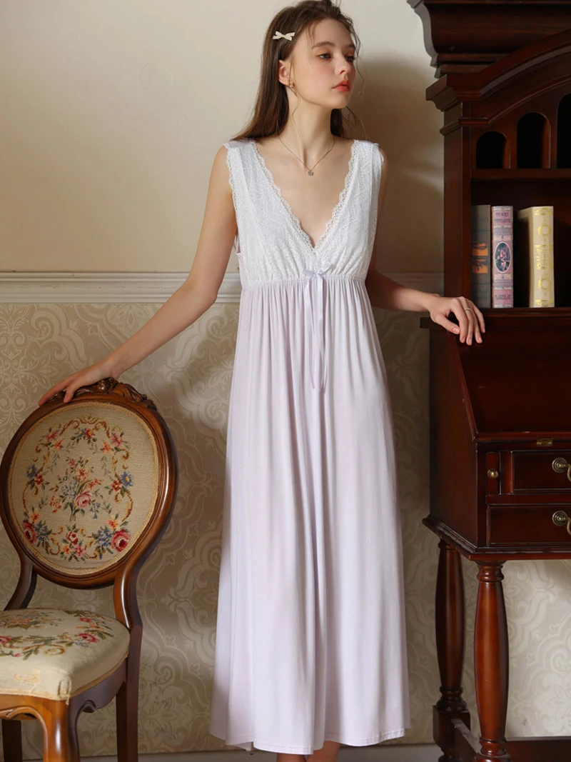 Women Lace V-Neck Sleeveless Backless Fairy Nightgown Vintage Princess Sweet Girl Summer French Pajamas Nightdress Sleepwear