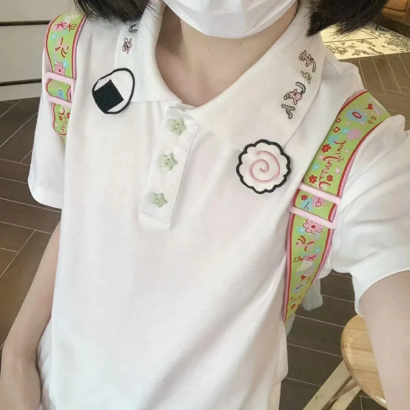 Japanese Style Sweet Summer New Women's Solid Color Spliced Embroidered Polo-Neck Button Loose Short Sleeve Casual T-shirts Tops