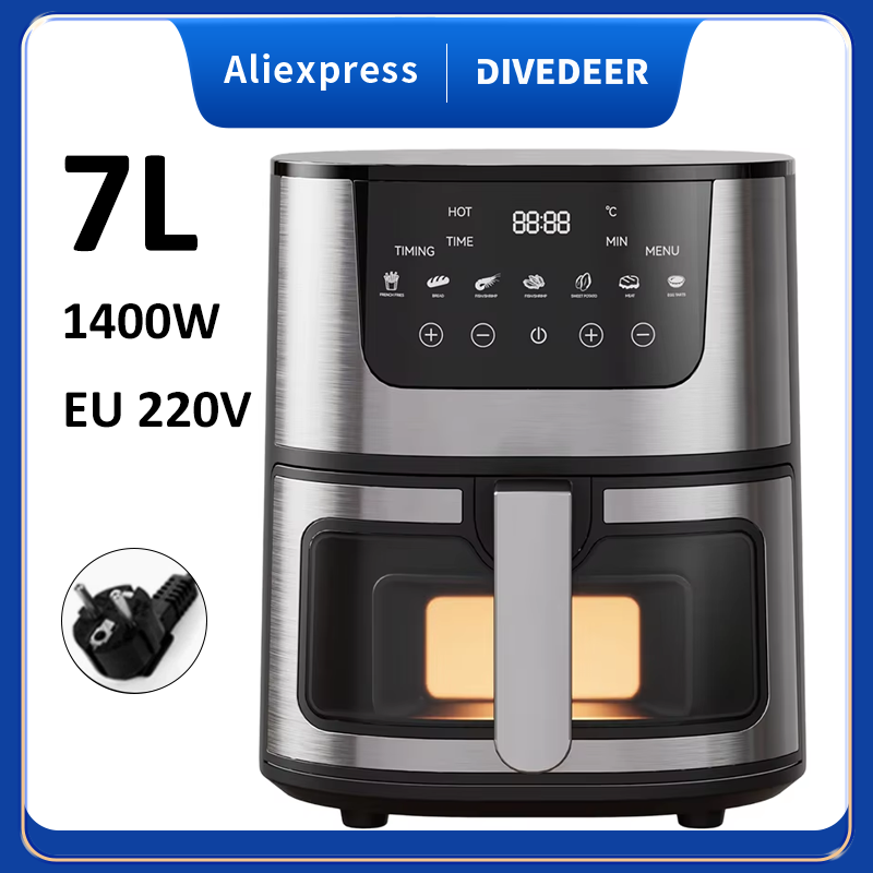 DIVEDEER Household 7L Visual Air Fryer Large Capacity Multifunctional with Stainless Steel Design Freidora Aire