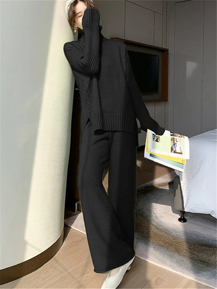 Autumn Winter 2 Pieces Women Sets Knitted Tracksuit 2023 New Turtleneck Sweater and Wide Leg Jogging Pant Pullover Suits 3