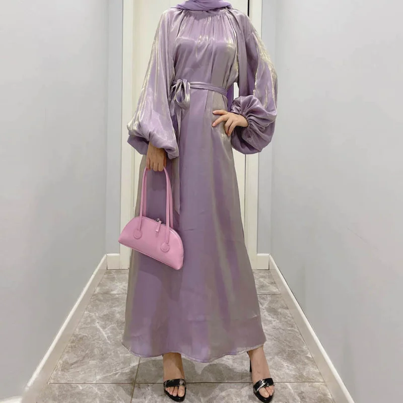 Muslim Abayat Large Lantern Sleeve Bright Silk Long Dress with Back Tie Robe Femme Musulman Solid Women's Dress Dubai Morocco