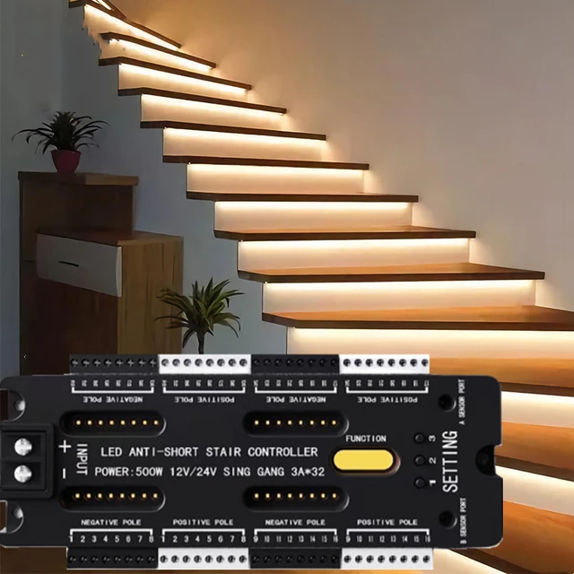 Sensor de movimiento LED Controlador de tira de luz de escalera Atenuación Movimiento  interior 12v Escalera de paso flexible La