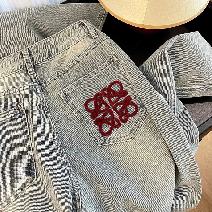 Embroidery Velvet Lined Wide Leg Jeans Winter Design Casual High Waist Baggy Straight Vaqueros Korea New Warm Woman Denim Pants