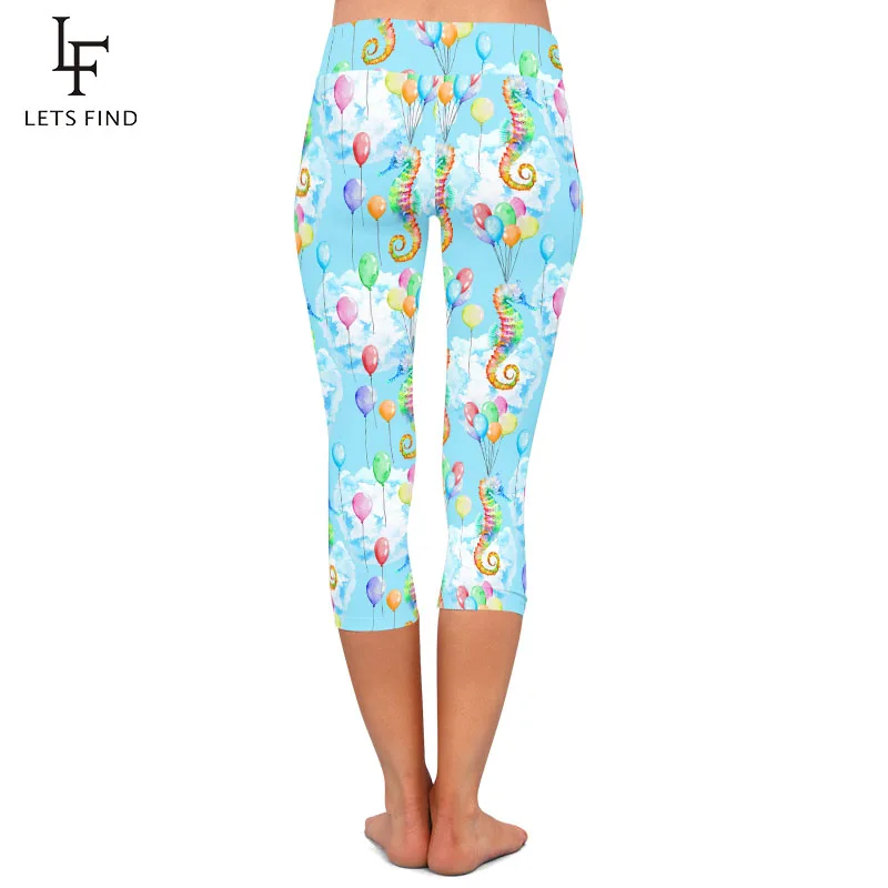 LETSFIND Fashion Colorful Seahorse and Balloons Print Women Capri Leggings High Waist Soft Slim Elastic Leggings