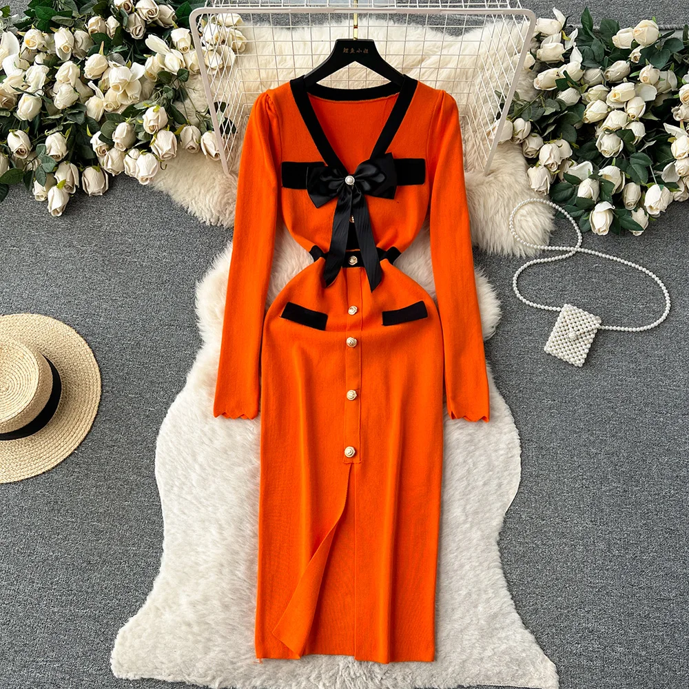 

Croysier Women Front Contrast Trim Bow Button Classic Elegant Knitted Dress Autumn Winter Long Sleeve V Neck Bodycon Midi Dress