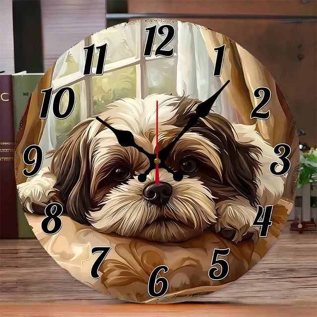 Lying Puppy Wooden Round Silent Wall Clock 1