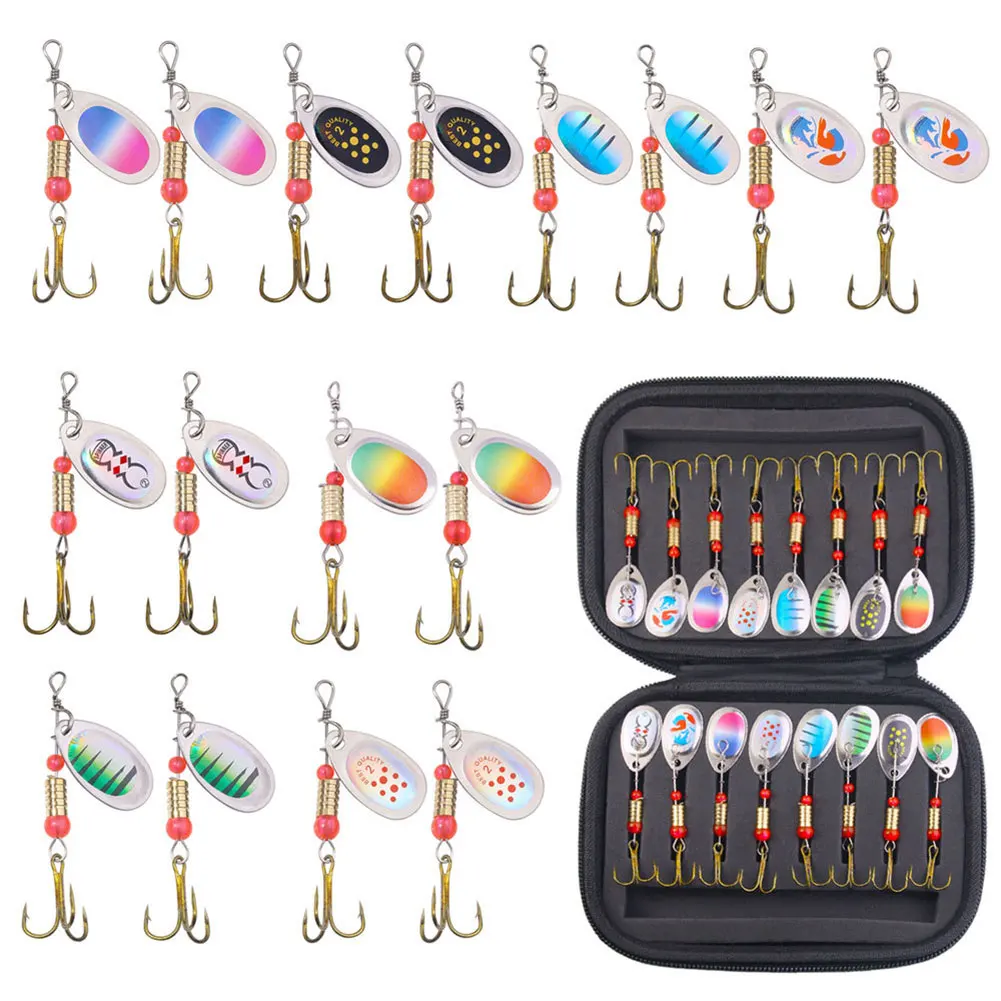 16Pcs Spoonbait Crankbaits with Treble Hooks Artificial Bait Rotating Spoon Kit for Bass Pike Trout Freshwater/Saltwater Fishing