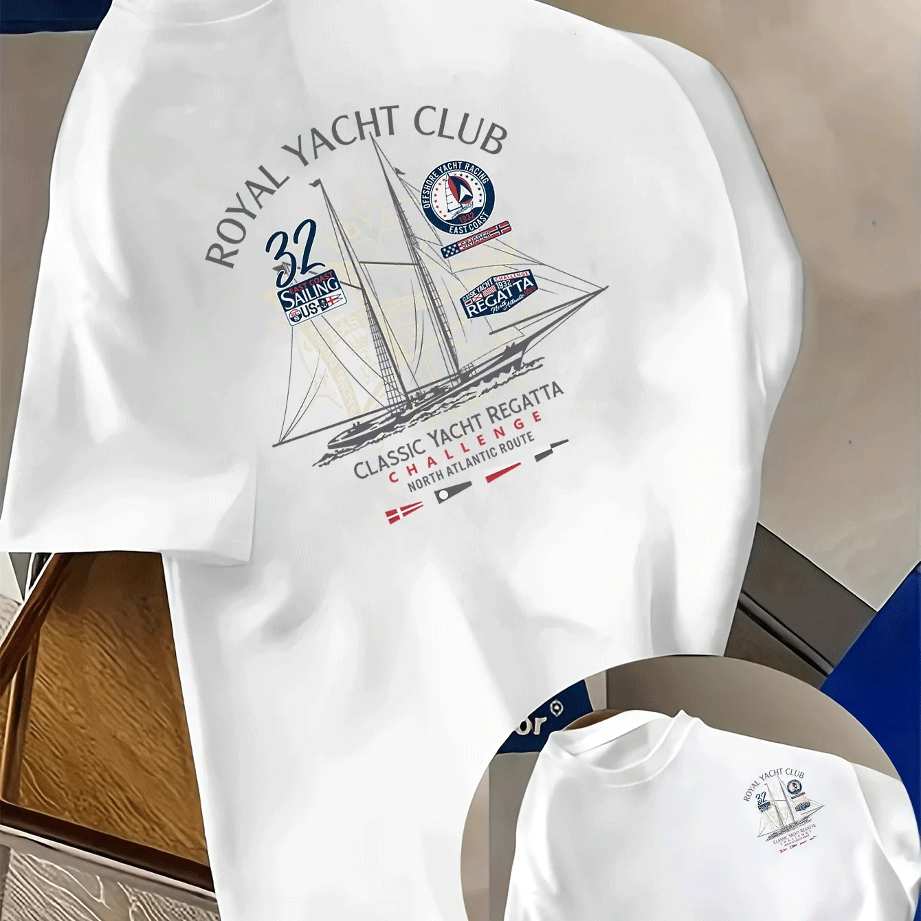 Herren T-Shirt im Küstenstil mit Motiv „Klassische Yacht- und Segelrennen“ – Segelbootmuster, lockere Passform, 100 % Baumwolle, Sommer-T-Shirt