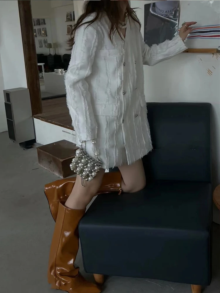 Luxury Women Double breasted blazer Oversized 2023 Fall V-neck long sleeve jacket Vintage Apricot High quality Chic INKEO 3O088