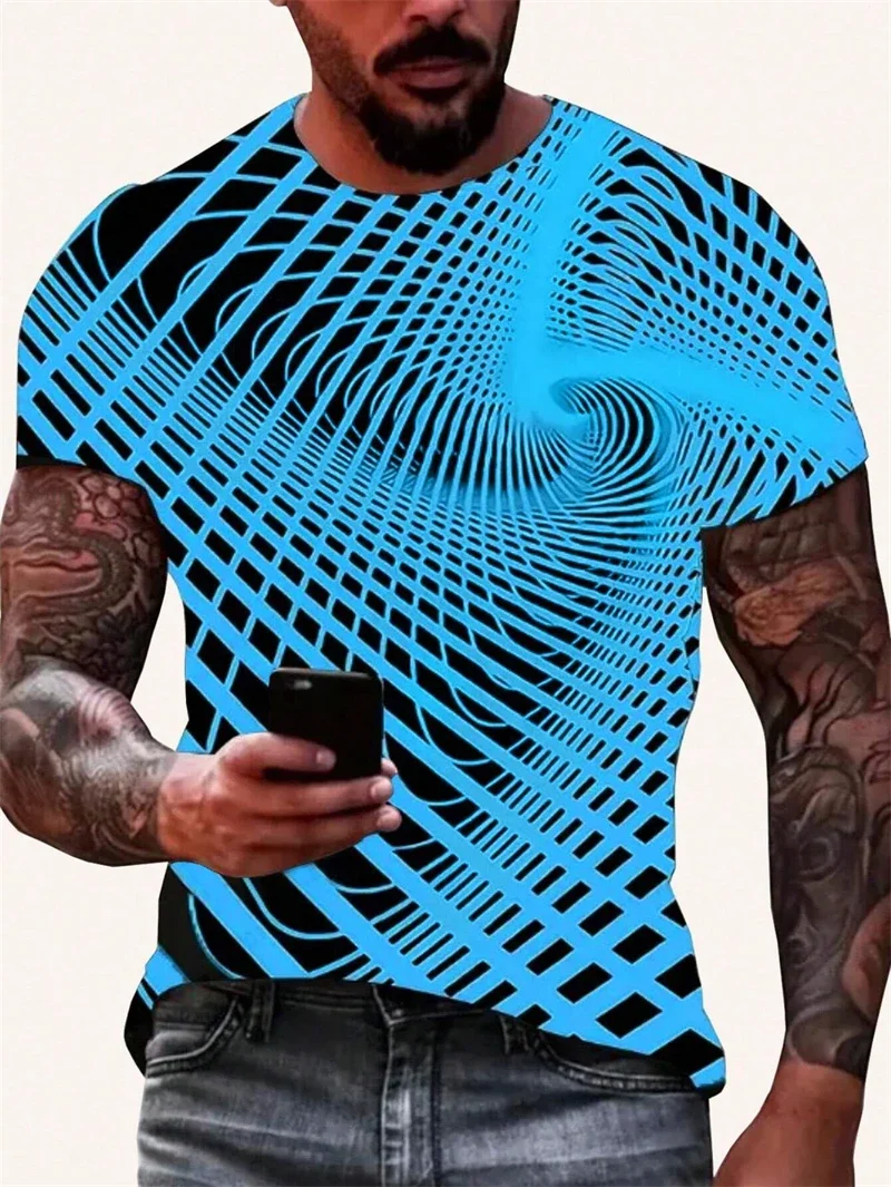 Modisches Herren-T-Shirt mit blauem optischem Illusionsdruck, geometrischer Rundhalsausschnitt, kurze Ärmel, lässige Streetwear, atmungsaktive T-Shirts
