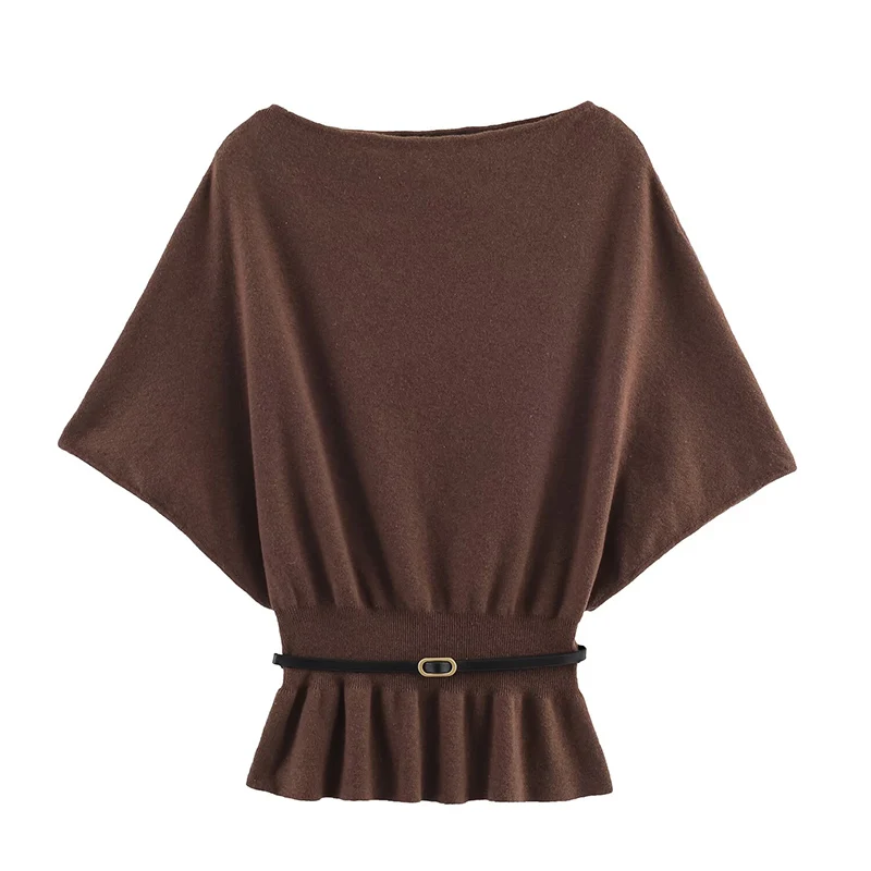 Women's Elegant Knitted Sweater Women Short Sleeve Striped Pullover 2025 Autumn New Fashion Casual Loose O-Neck Knitwear Tops